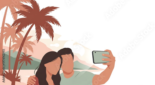 Flat vector illustration of a happy couple taking a selfie with a smartphone on a tropical beach background with mountains and silhouettes of palm trees. Style: modern flat design art.