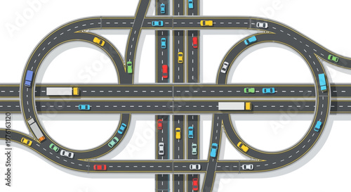 Complex highway interchange with multiple lanes and traffic flow, aerial view