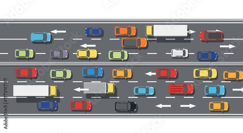 Traffic Jam on Highway: Cars and Trucks in Congestion, Rush Hour Commute