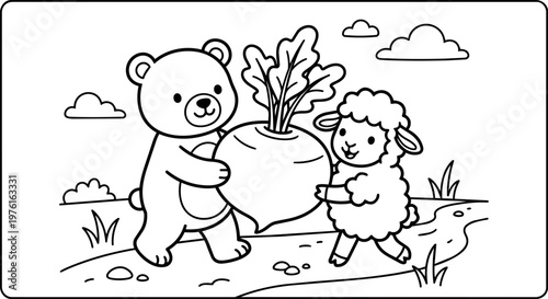 Cute bear and sheep holding giant radish in black and white line art