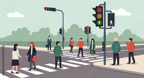 Pedestrians crossing a busy city street at a traffic light intersection
