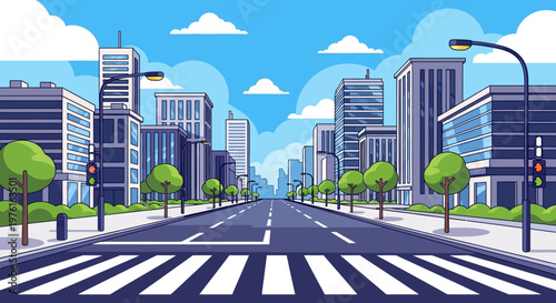 Modern City Street with Skyscrapers, Pedestrian Crossing and Traffic Lights