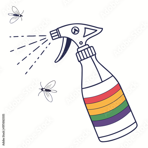 A line art vector illustration of insect repellent spray bottle with rainbow stripes and flying insects.