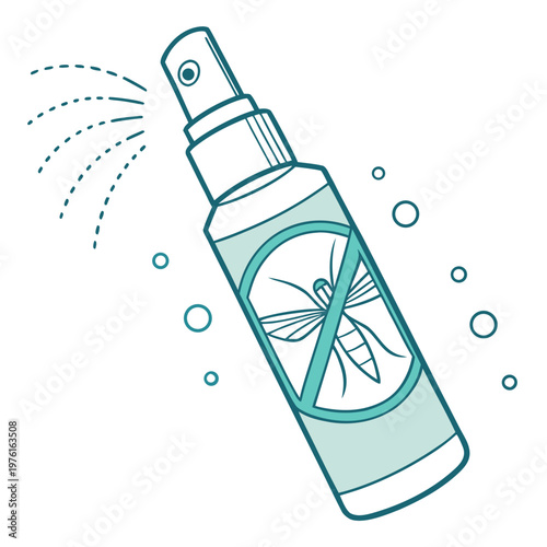 Mosquito repellent spray bottle with no entry sign and airborne droplets isolated on white background vector illustration.