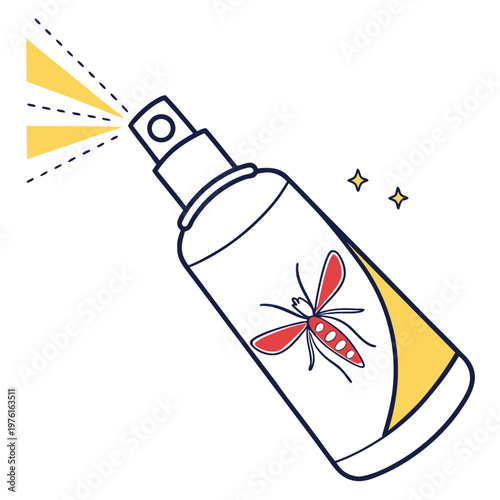 A line art vector illustration of mosquito repellent spray bottle with red insect on label and yellow spray effect.