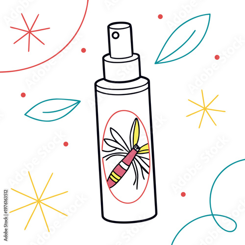 A line art vector illustration of mosquito repellent spray bottle with insect drawing on label and decorative elements.