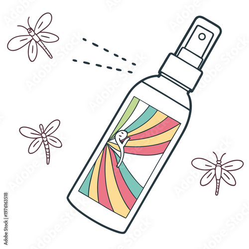 A line art vector illustration of insect repellent spray bottle with abstract design on label and flying dragonflies.