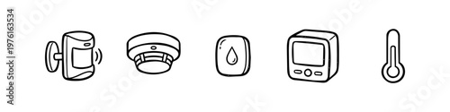 Hand-drawn doodle set of smart home safety sensors including motion detector, smoke alarm, water leak sensor, and digital thermostat. Minimalist black and white line art for home automation.