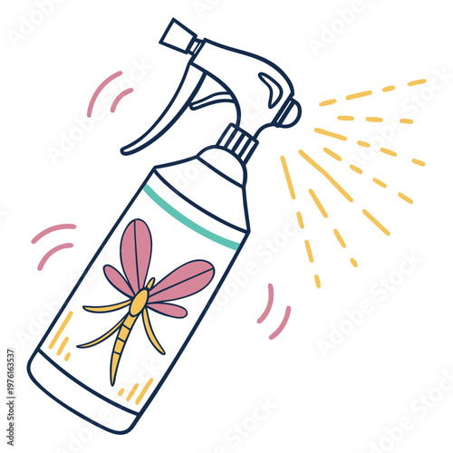 Handheld spray bottle for flying insects with yellow mist and pink dragonfly icon for garden pest control and household repellent product branding.