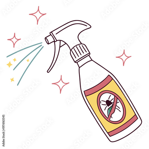 Manual trigger spray bottle for pest control with insect icon and sparkling clean symbols for effective bug elimination and sanitation commercials.