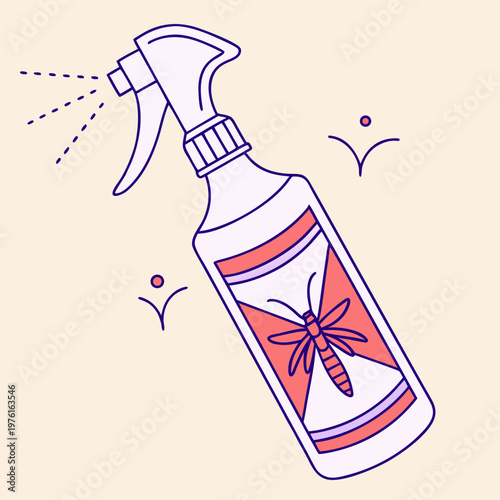 A line art vector illustration of mosquito repellent spray bottle with insect drawing on label and dotted lines indicating spray.