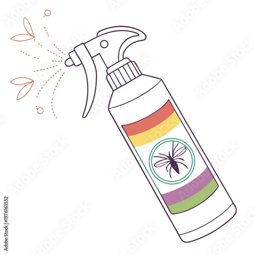 Spray bottle for mosquito protection with colorful label and spray mist for insect repellent branding and household pest control products design.