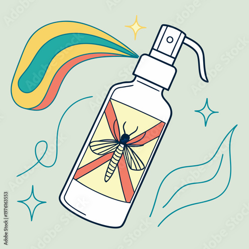 Pest control spray bottle with insect graphic and colorful mist, insecticide for home protection and outdoor bug repellent.