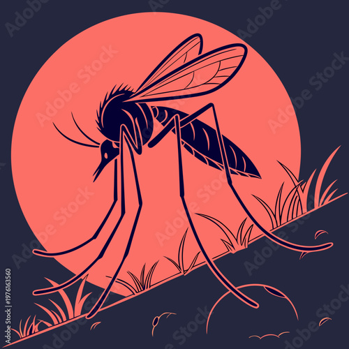 Stylized mosquito vector illustration with large red sun background and grass silhouette profile of pest insect for malaria awareness and control.