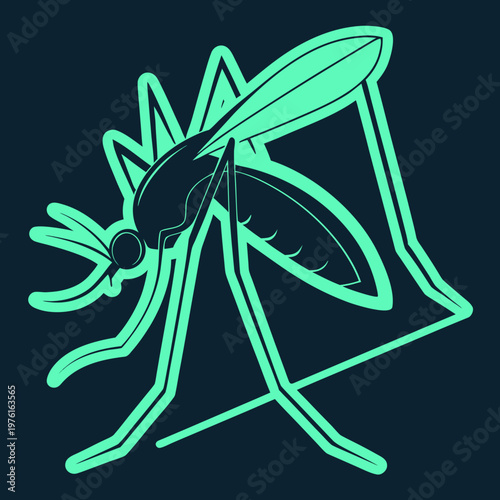 Minimalist mosquito icon in neon green outlines against dark background simplified geometric insect design for pest control branding and awareness.