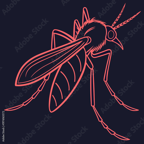 Detailed mosquito illustration in coral pink outline on deep navy background, intricate line art, close up view of dangerous insect, representing disease transmission, stylized graphic.