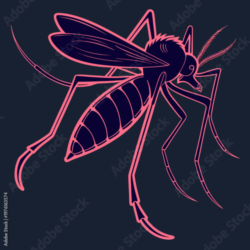 Pink mosquito outline on dark background, stylized insect vector, artistic depiction of a bloodsucking pest, modern graphic art, symbolic representation of disease carrier and health risk.