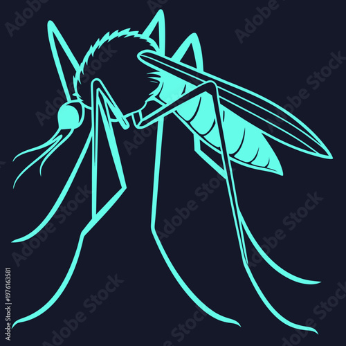 Mosquito bug graphic in bright cyan outline on dark blue, minimalistic style, clean lines, abstract representation, elegant insect icon, symbolizing pest control or health alert.