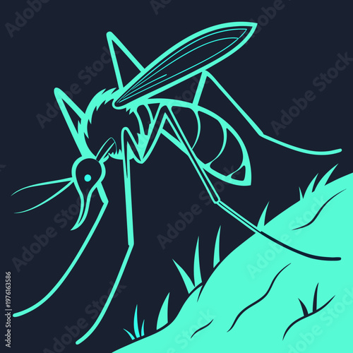 Outline illustration of a mosquito on a mound of earth with grass, set against a dark background with a bright turquoise glow.