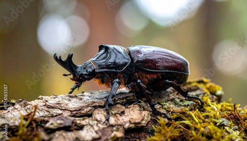 Majestic rhinoceros beetle perched on mossy branch in natural habitat.