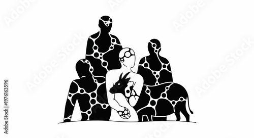 Stylized figures and animals in abstract pattern on white background