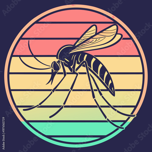 Detailed mosquito illustration in a circle with vibrant retro sunset stripes for insect control or wildlife theme vector art.