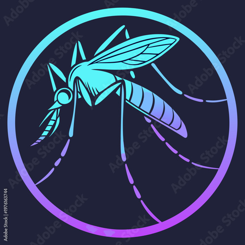 Abstract vector illustration of mosquito line art in a circular frame, featuring a vibrant gradient of blue and purple hues.
