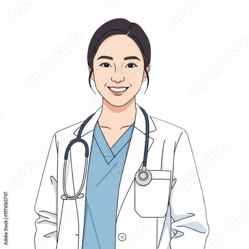 A smiling female doctor wearing scrubs and a stethoscope on her neck