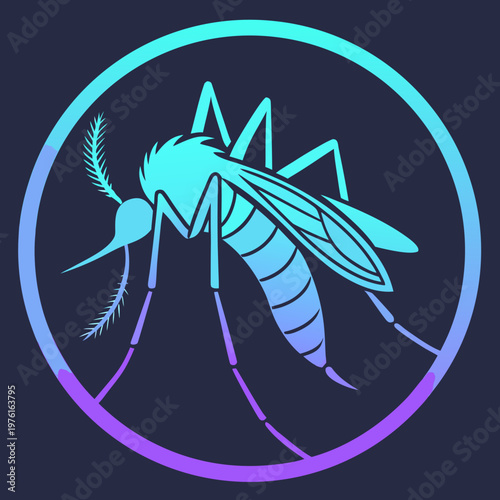 A mosquito with detailed body and wings, featuring a blue and purple gradient, set within a circular frame against a dark blue background.