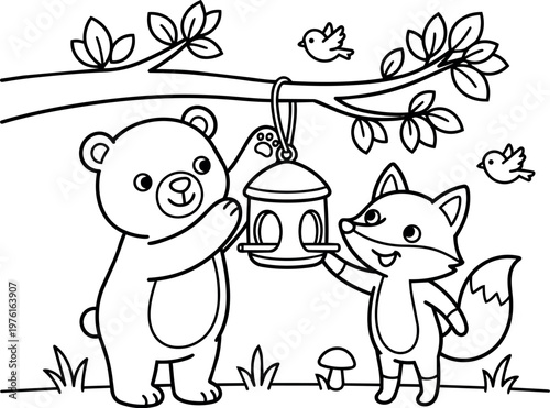 Black and white line art bear and fox hanging bird feeder on tree branch