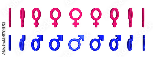 Pink female symbols and blue male symbols are arranged in two rows. Vector illustration