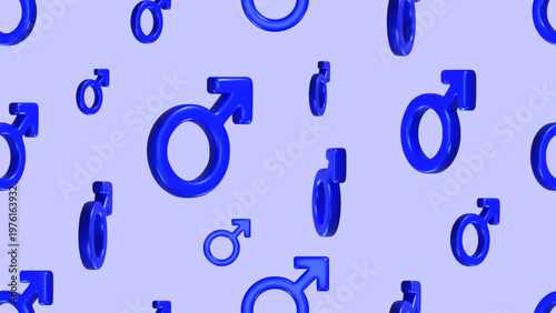 Multiple blue male gender symbols float against a lavender background in a 3D abstract repeating pattern. Vector illustration