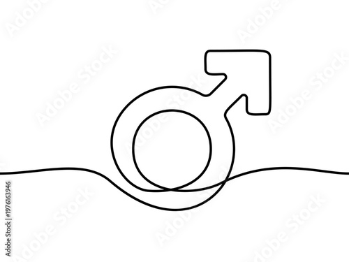 A male gender symbol rests on a wavy line drawn in black. Vector illustration