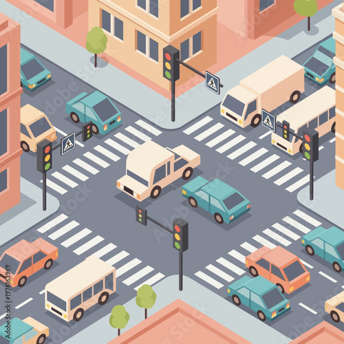 Isometric City Intersection with Traffic and Pedestrian Crossings