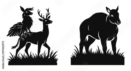 Mythical creatures and a goat silhouetted against a grassland background Vector, illustration