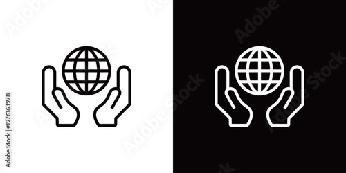 地球の保護のラインアイコン。白い線と黒い線のモノクロベクターイラストセット