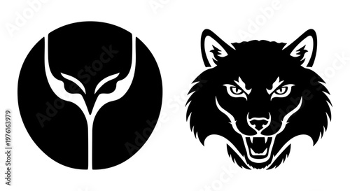 Mysterious black and white wolf and tree emblem designs Vector, illustration