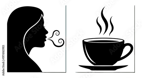 Silhouette of a person sipping steamy coffee from a cup with rising steam Vector, illustration
