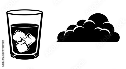 A glass of iced beverage next to a cluster of dark clouds in the sky Vector, illustration