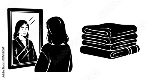 A person examining a framed portrait while stacks of fabric lay nearby. Vector, illustration
