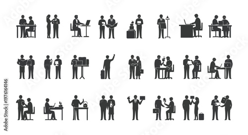 Diverse business meeting and presentation scenarios in a corporate setting Vector