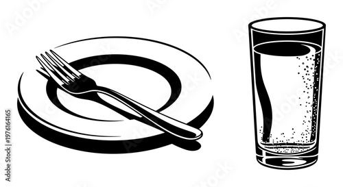 Simple illustration of a fork, plate, and glass of water on a table Vector, illustration