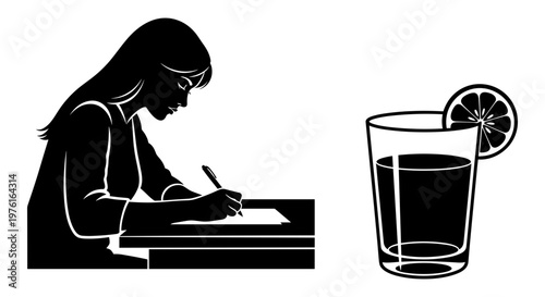 A focused individual writing while a refreshing drink sits nearby Vector, illustration
