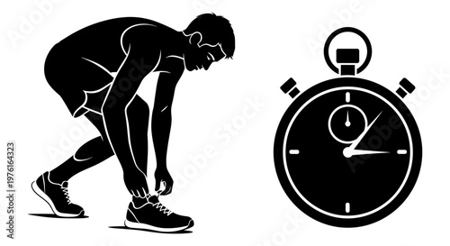 Athlete tying shoelaces while preparing for a timed race Vector, illustration