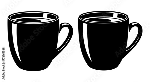 Two black coffee mugs filled with a dark beverage side by side Vector, illustration