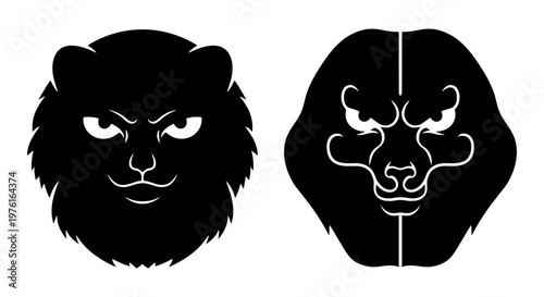 Contrasting visual styles of a fierce animal head in traditional and minimalist designs Vector, illustration