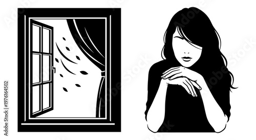 A woman gazing out a window during a stormy night with raindrops hitting the pane Vector, illustration