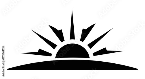 A stylized black silhouette of a sun rising above a simple horizon line Vector, illustration