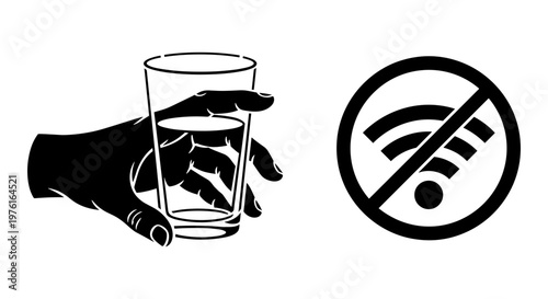 Hand holding glass with no wifi symbol indicating signal interference or restriction Vector, illustration