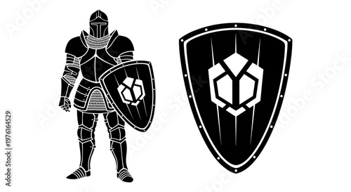 Medieval knight with emblem shield and coat of arms Vector, illustration